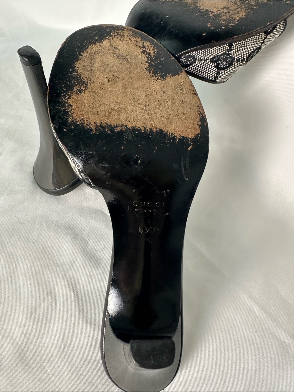 Vintage Gucci GG Monogram Canvas Heeled Mules Slides Black 6.5B Made in Italy - Picture 13 of 14